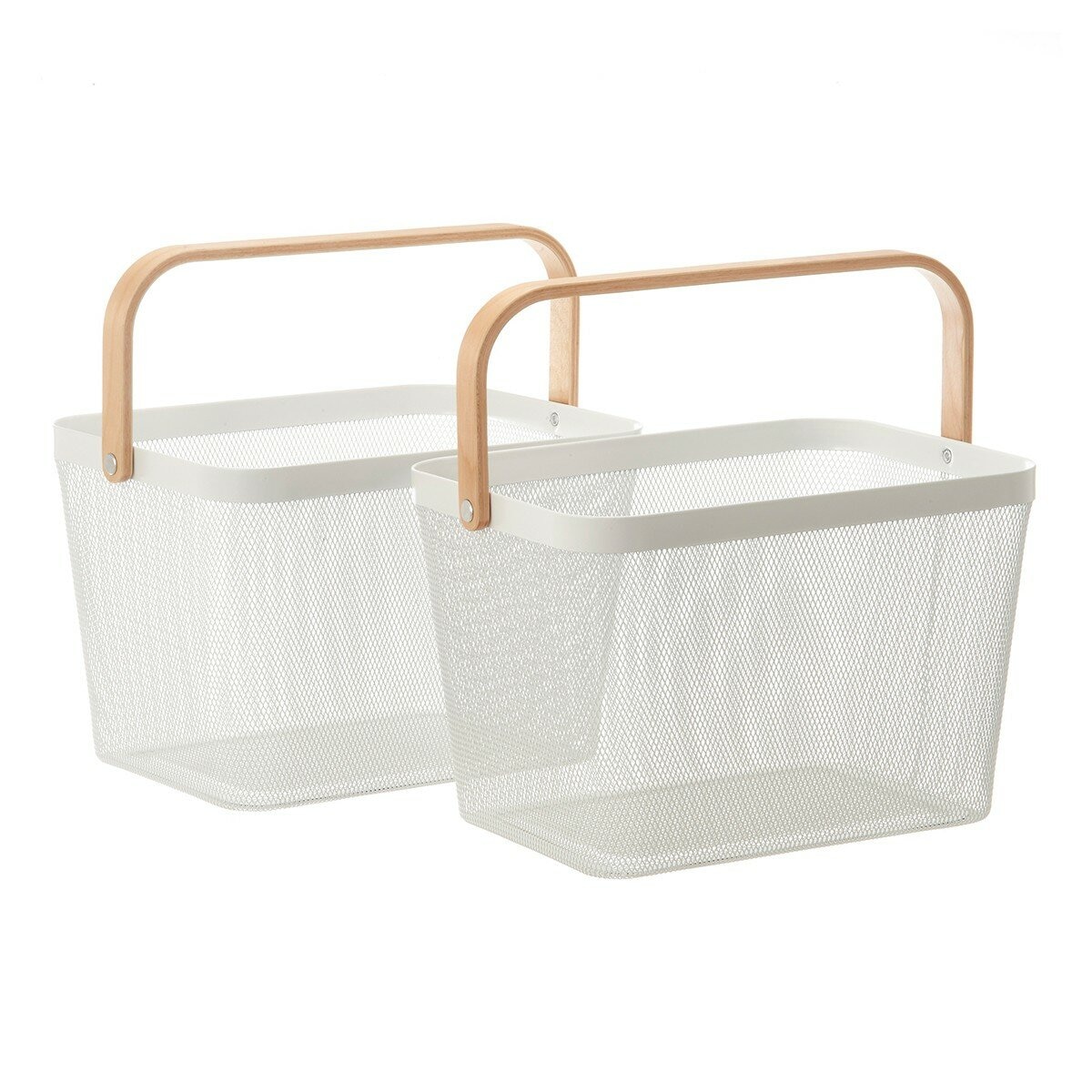 鐵網置物收納籃 木頭手把 2件組