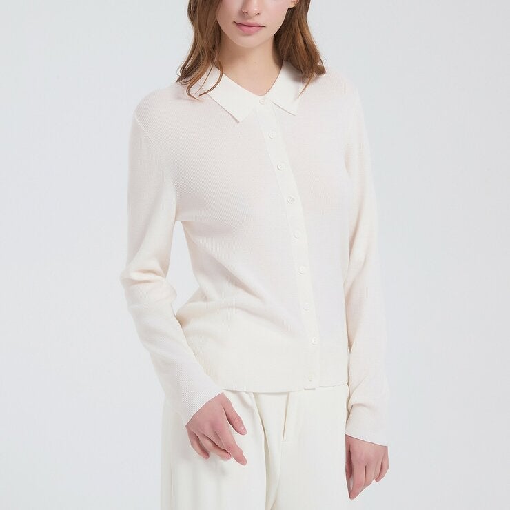 Brush Finch 女長袖羊絨Polo衫 白