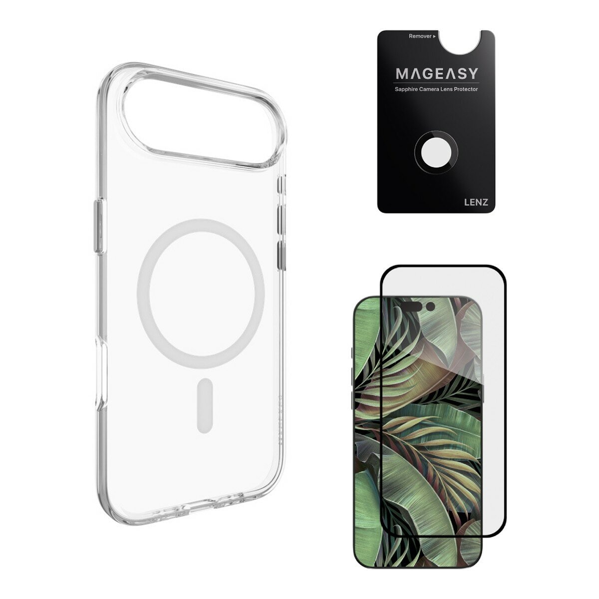 MAGEASY Bright M 不發黃軍規磁吸透明殼 iPhone Air (白磁圈) + 鏡頭保護貼Lenz(黑色) + Vetro 9H 鋼化玻璃保護膜