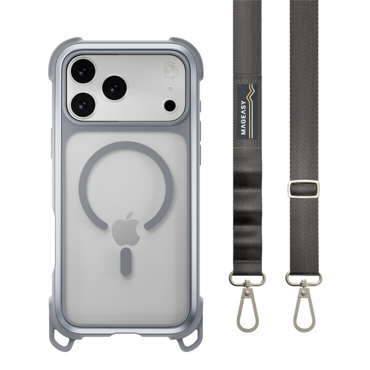 MAGEASY Odyssey Strap M 超軍規防摔掛繩手機殼 iPhone 17 Pro Max(迷霧/高冷灰) + 鏡頭保護貼Lenz(午夜) + Vetro 9H 鋼化玻璃保護膜