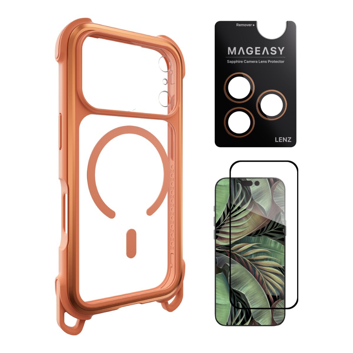MAGEASY Odyssey Strap M Ultra Military Lanyard Case untuk iPhone 17 Pro (Coral/Glamour Orange) + Pelindung Lensa Lenz (Coral) + Pelindung Kaca Tempered Vetro 9H
