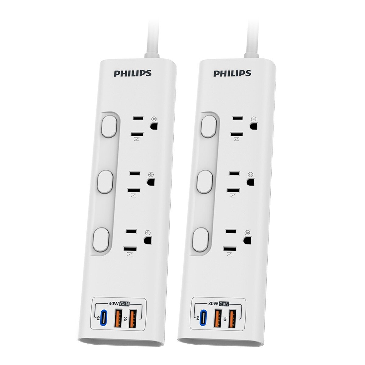 飛利浦 3開3插 2USB + TypeC PD30W 延長線 1.8米 2入組
