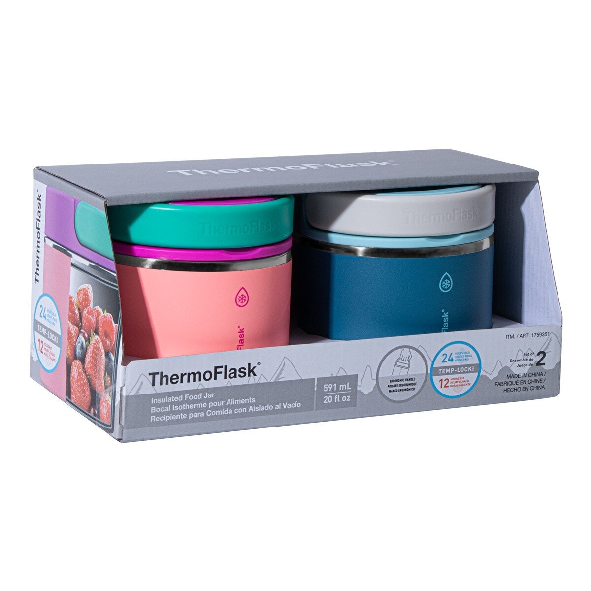 Thermoflask 不鏽鋼真空食物燜燒罐 591毫升 X 2件組 珊瑚粉+藍 Thermoflask 不鏽鋼真空食物燜燒罐 591毫升 X 2件組 珊瑚粉+藍