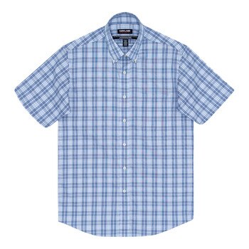 Kirkland Signature 科克蘭 男短袖鈕扣領免燙彈性襯衫 藍色格紋 M
