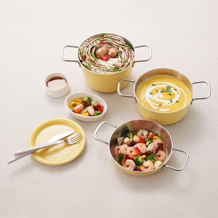 Edelkochen 不鏽鋼雙耳鍋具 含玻璃上蓋4件組 黃色