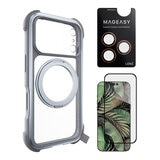 MAGEASY Odyssey Stand M 超軍規防摔磁吸支架手機殼 iPhone 17 Pro(迷霧) + 鏡頭保護貼Lenz(珊瑚) + Vetro 9H 鋼化玻璃保護膜