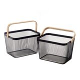 鐵網置物收納籃 木頭手把 2件組 黑