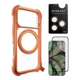 MAGEASY Odyssey Stand M 超軍規防摔磁吸支架手機殼 iPhone 17 Pro(珊瑚) + 鏡頭保護貼Lenz(珊瑚) + Vetro 9H 鋼化玻璃保護膜