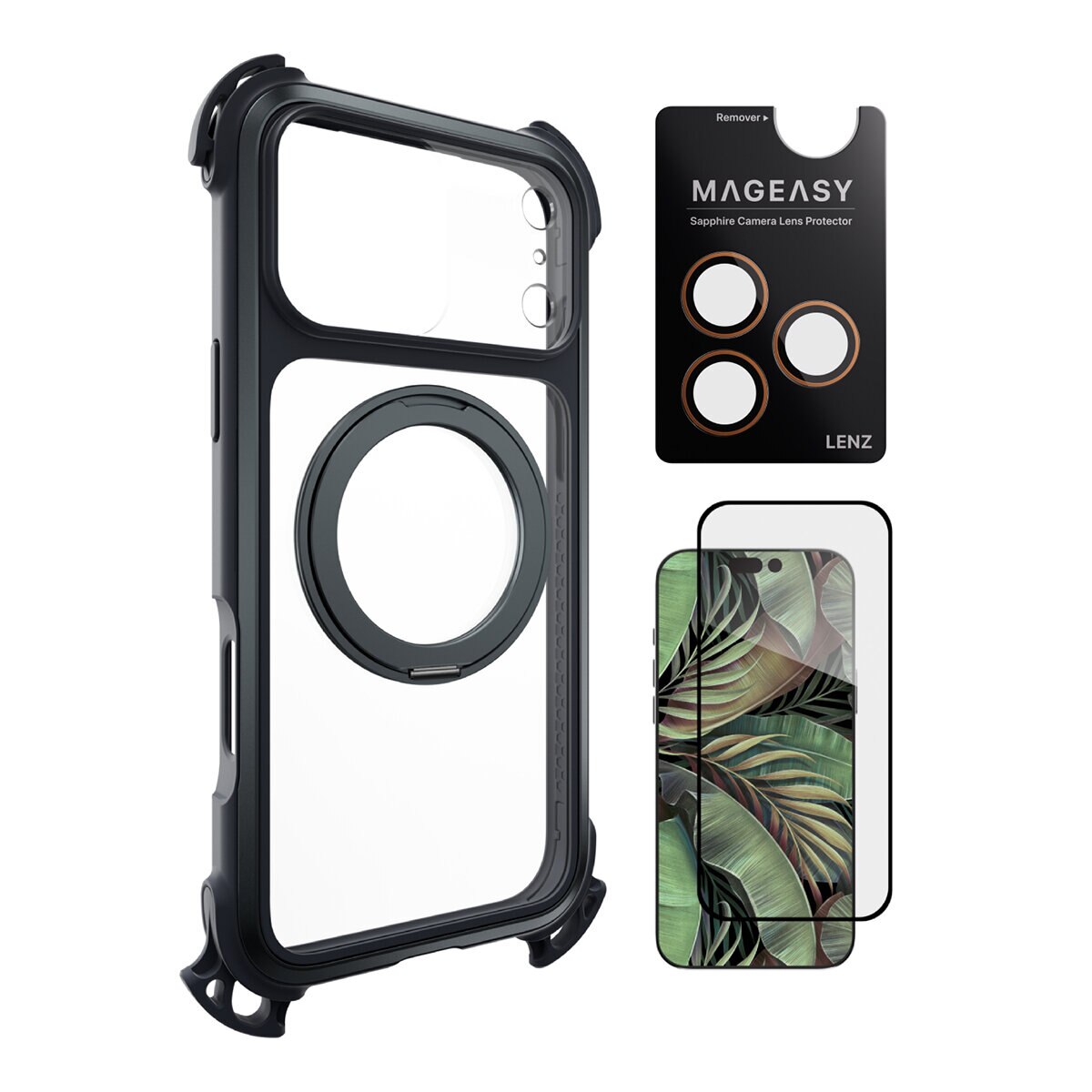 MAGEASY Odyssey Ultra M Ultimate Drop Protection Magnetic Stand Lanyard Case untuk iPhone 17 Pro Max (Midnight / Hitam) + Pelindung Lensa Lenz (Coral) + Pelindung Kaca Tempered Vetro 9H