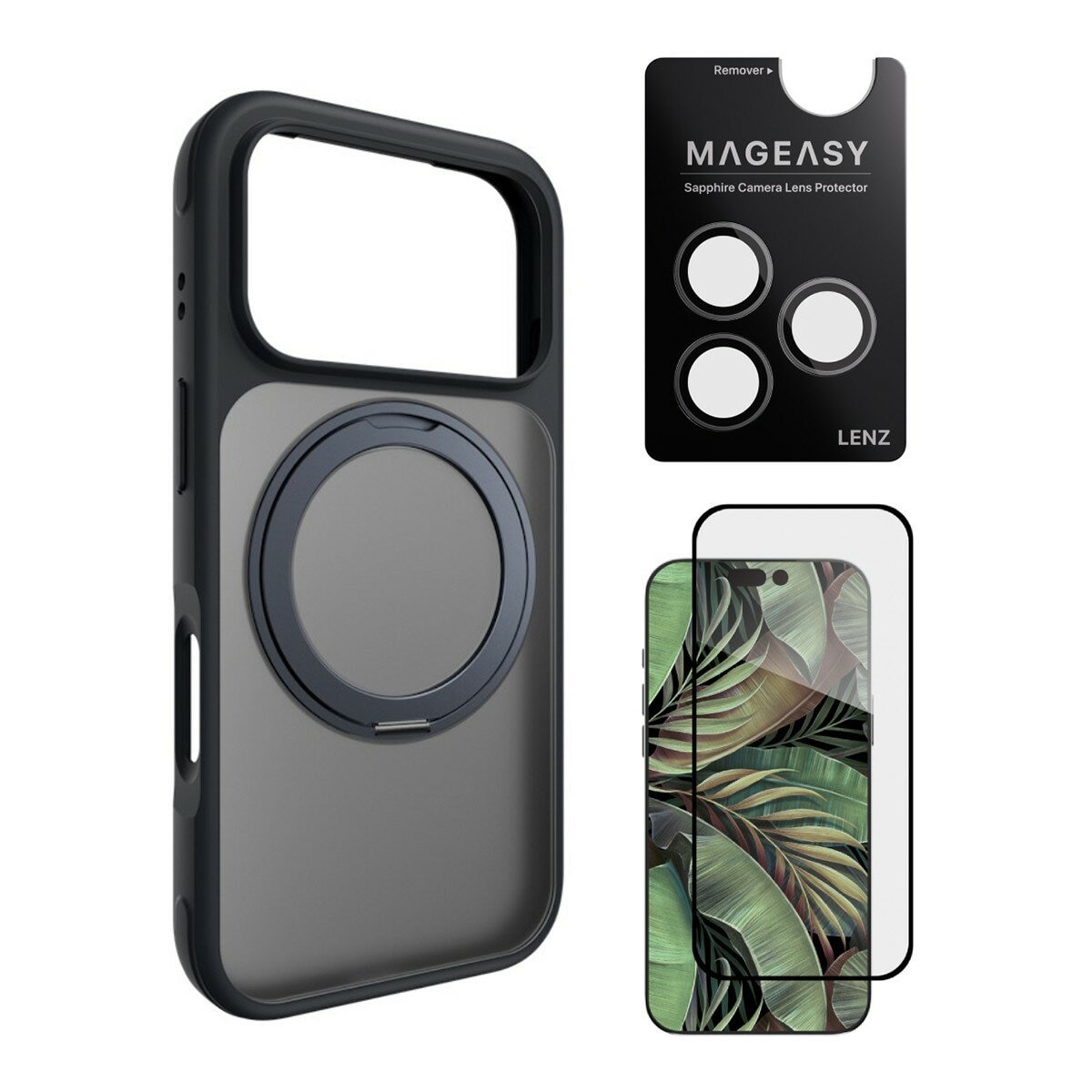 MAGEASY MagStand 360 M Magnetic Swivel Stand Drop Proof Case untuk iPhone 17 Pro (Midnight) + Pelindung Lensa Lenz (Mist) + Pelindung Kaca Tempered Vetro 9H