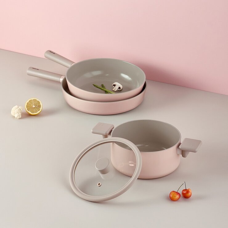 Neoflam 陶瓷不沾塗層鍋具 含玻璃上蓋 4件組 粉