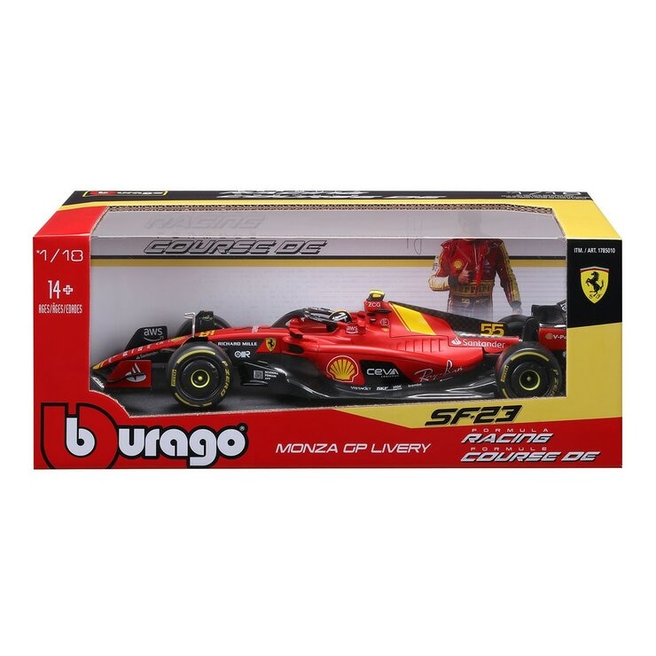 Bburago 1:18 賽車模型 Ferrari SF-23 (#55 Carlos Sainz , 含頭盔) 義大利大獎賽蒙扎塗裝版 消光紅 / 14歲以上 Bburago 1:18 賽車模型 Ferrari SF-23 (#55 Carlos Sainz , 含頭盔) 義大利大獎賽蒙扎塗裝版 消光紅 / 14歲以上