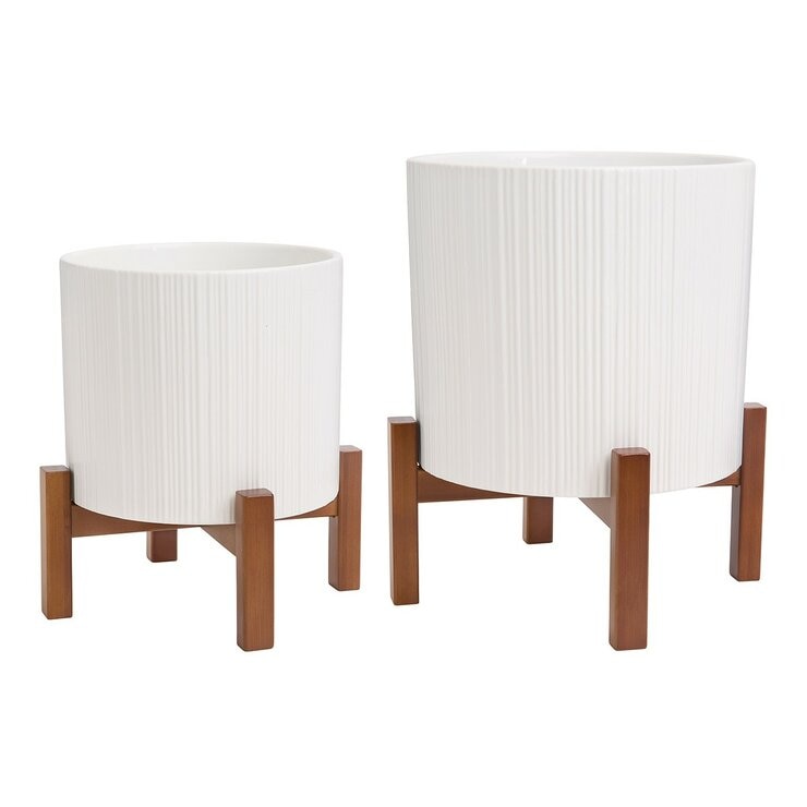 陶瓷花盆 2件組 附竹製盆架