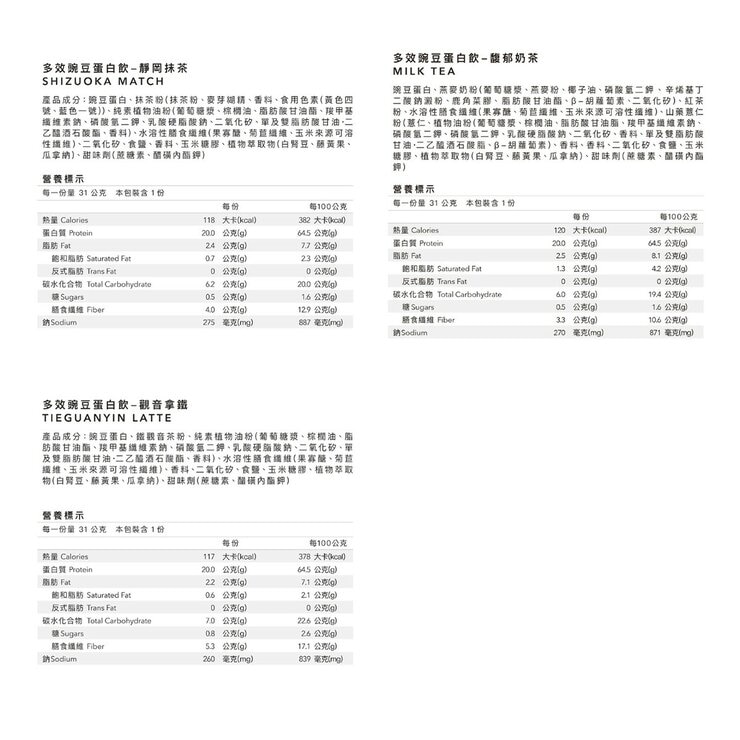 Body Goals 全素多效豌豆蛋白飲組合 31公克 X 30入 (馥郁奶茶/靜岡抹茶/觀音拿鐵)