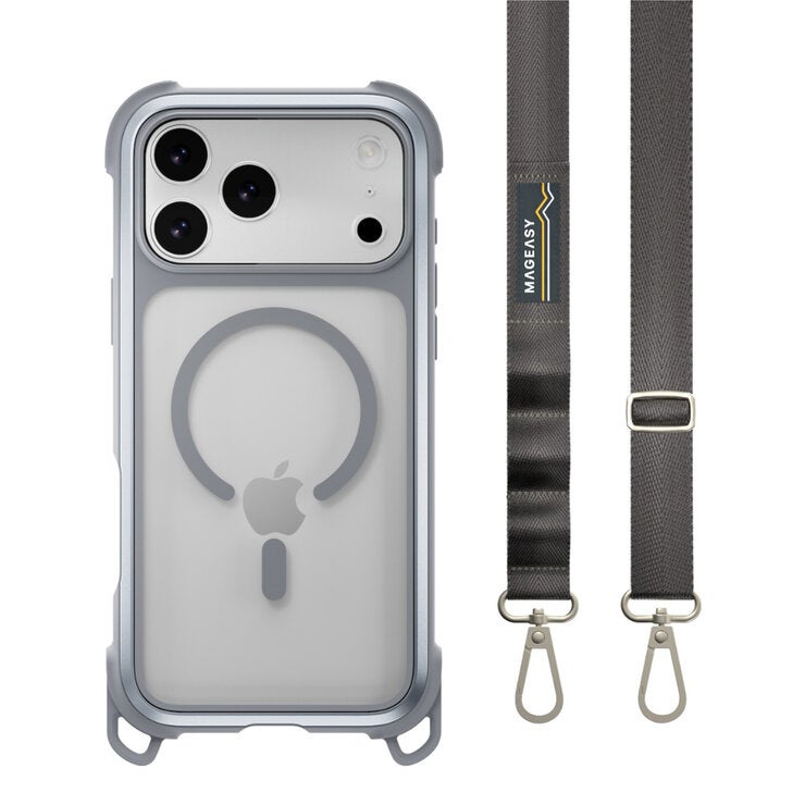 MAGEASY Odyssey Strap M 超軍規防摔掛繩手機殼 iPhone 17 Pro Max(迷霧/高冷灰) + 鏡頭保護貼Lenz(珊瑚) + Vetro 9H 鋼化玻璃保護膜