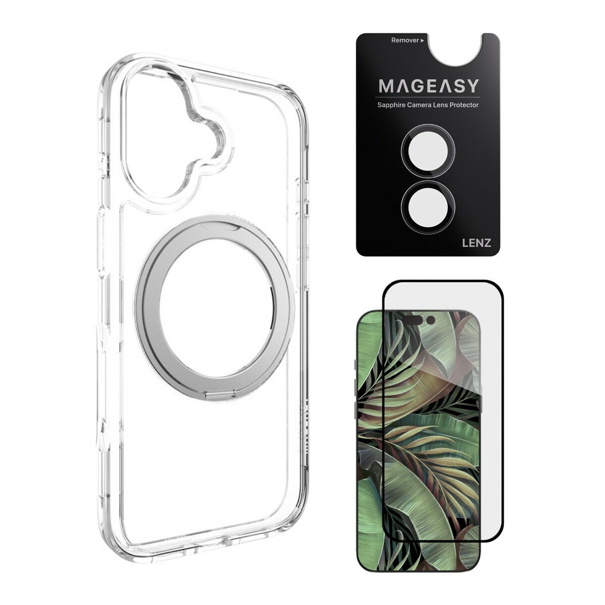 MAGEASY MagStand 360 M 磁吸旋轉支架防摔手機殼 iPhone 17 (透明) + 鏡頭保護貼Lenz(煙霧藍) + Vetro 9H 鋼化玻璃保護膜