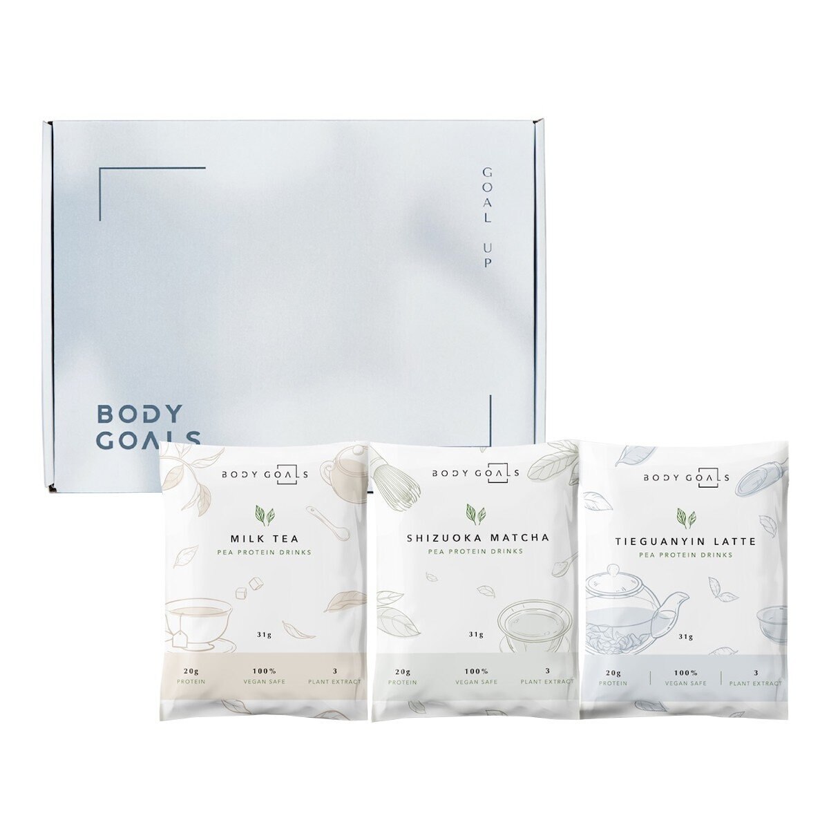 Body Goals 全素多效豌豆蛋白飲組合 31公克 X 30入 (馥郁奶茶/靜岡抹茶/觀音拿鐵)