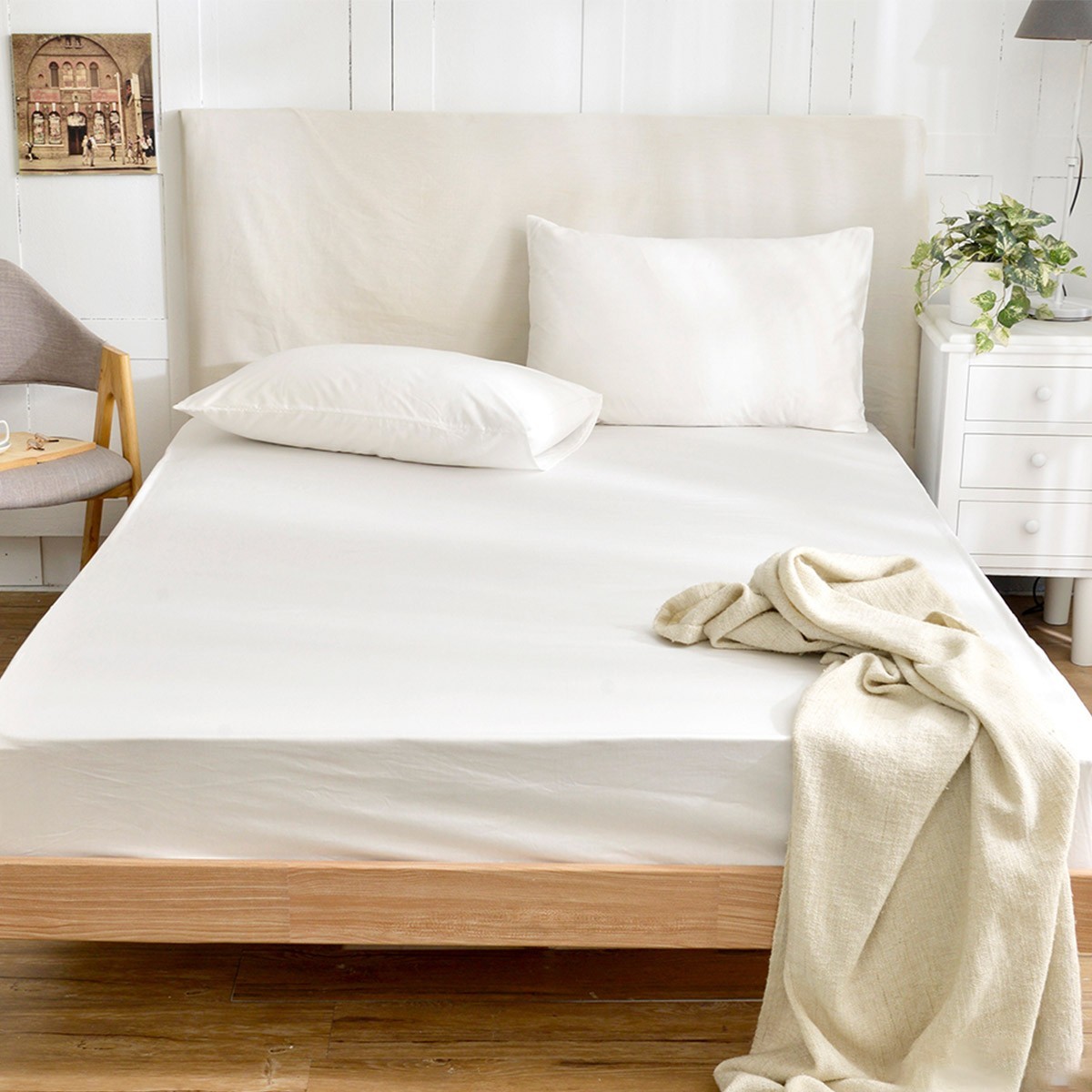 La Belle 雙人加大 200織純棉素色床包枕套 3件組 180公分 X 186公分 白