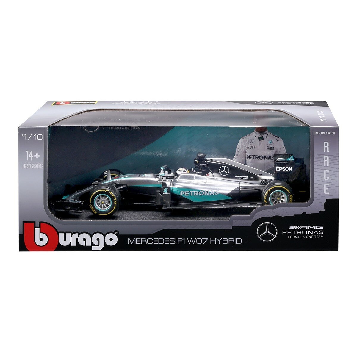 Bburago โมเดลรถแข่ง 1:18 Mercedes F1 W07 Hybrid (#44 Lewis Hamilton) สีเงิน / สำหรับอายุ 14 ปีขึ้นไป