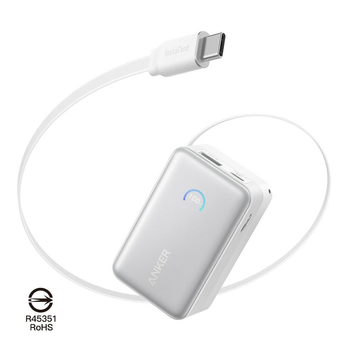 ANKER Nano A1638 行動電源 10000mAh 45W 自帶USB-C伸縮線 白色