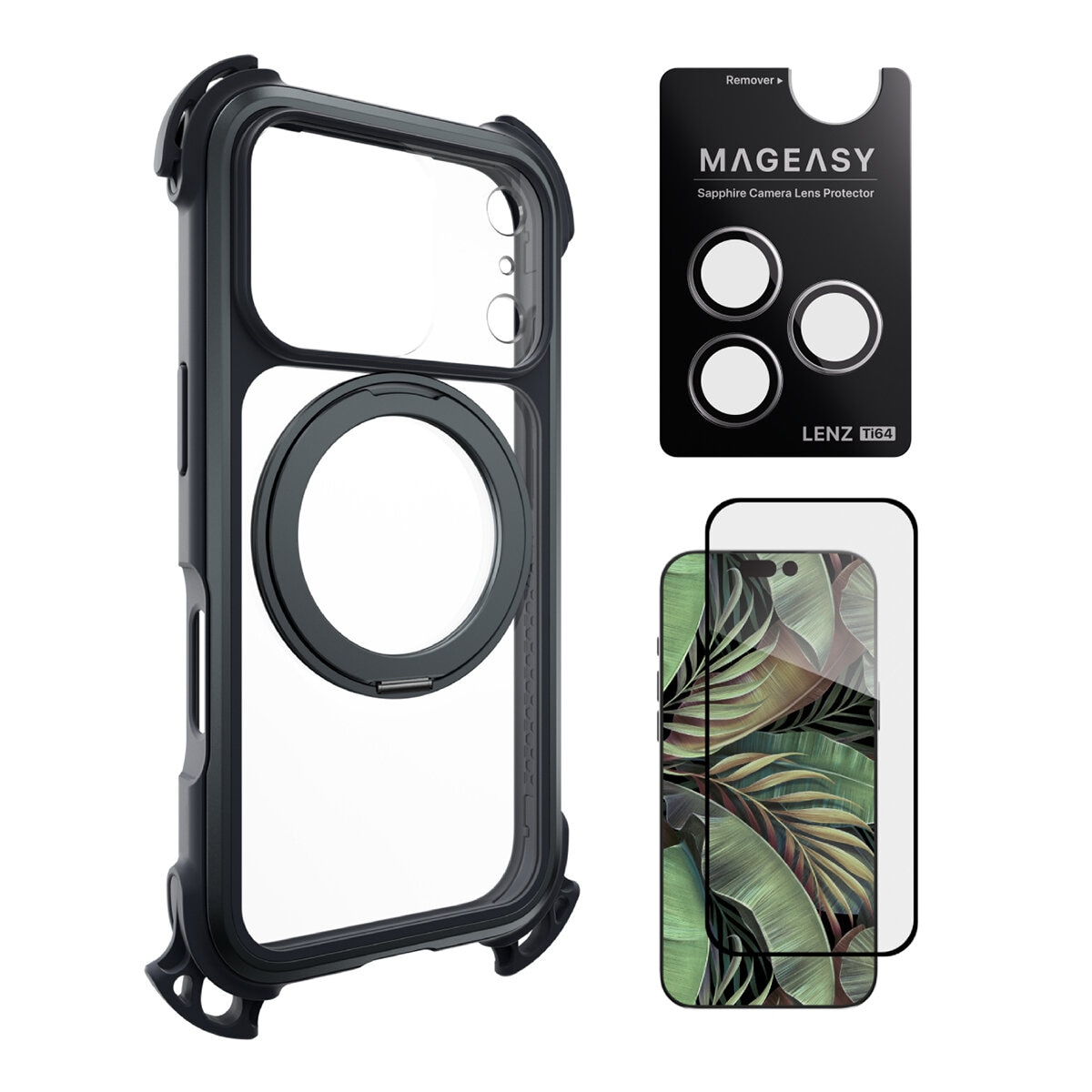 MAGEASY Odyssey Ultra M – Ốp lưng điện thoại chống va đập tối ưu với dây đeo và đế từ tính dành cho iPhone 17 Pro (Màu Đêm/Đen) + Miếng dán bảo vệ ống kính Lenz bằng hợp kim titan (Màu Trắng Titan) + Miếng dán bảo vệ màn hình kính cường lực Vetro 9H