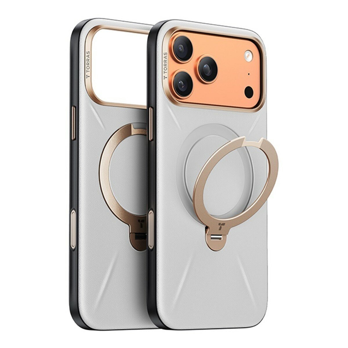 Torras Ostand Spin VegSkin Magnetic 相機按鍵旋轉支架皮革防摔手機殼 iPhone 17 Pro 俐落灰 + Insta II Master 高清滿版螢幕鋼化玻璃保護貼