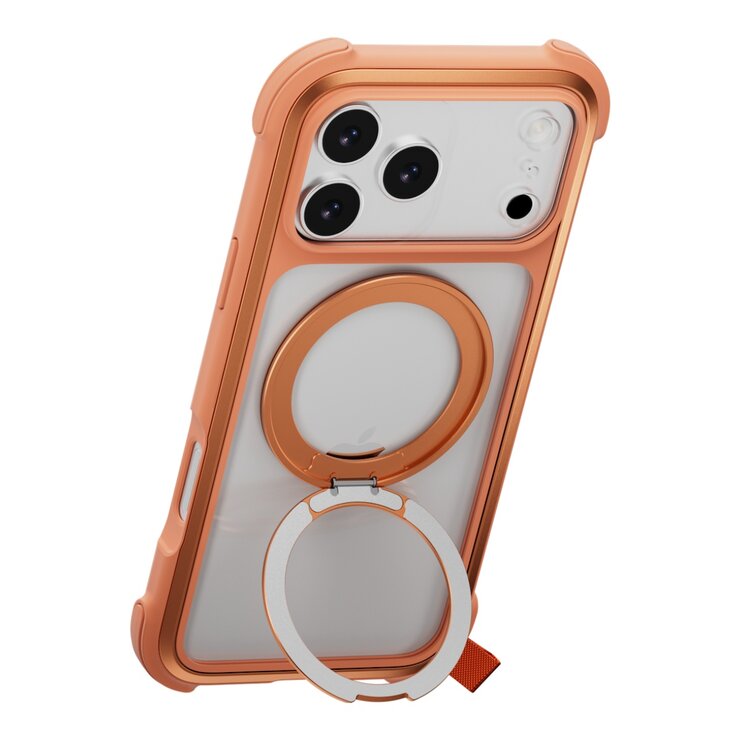 MAGEASY Odyssey Stand M 超軍規防摔磁吸支架手機殼 iPhone 17 Pro Max(珊瑚) + 鏡頭保護貼Lenz(白色) + Vetro 9H 鋼化玻璃保護膜