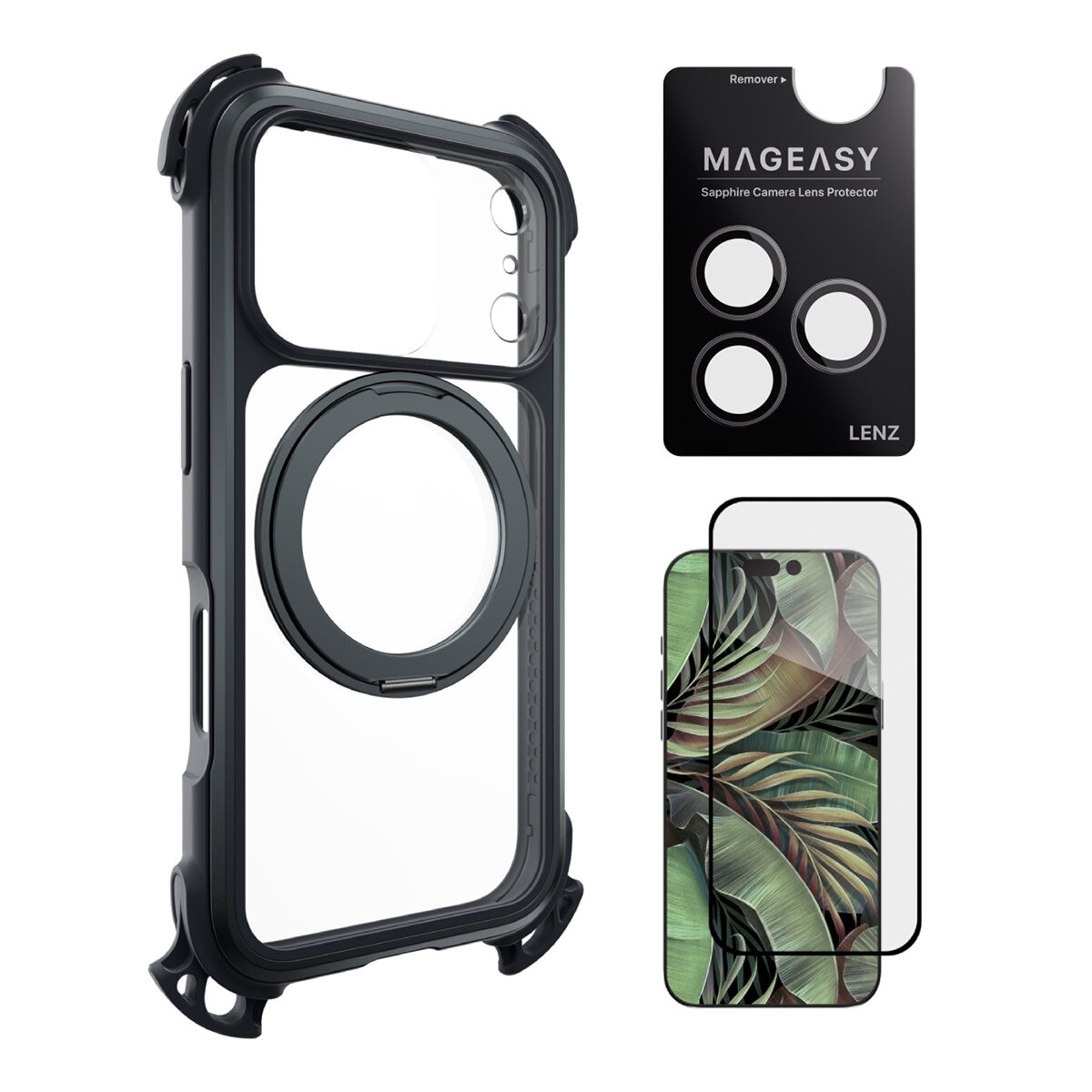 MAGEASY Odyssey Ultra M Ultimate Drop Protection Magnetic Stand Lanyard Case untuk iPhone 17 Pro (Midnight / Hitam) + Pelindung Lensa Lenz (Mist) + Pelindung Kaca Tempered Vetro 9H