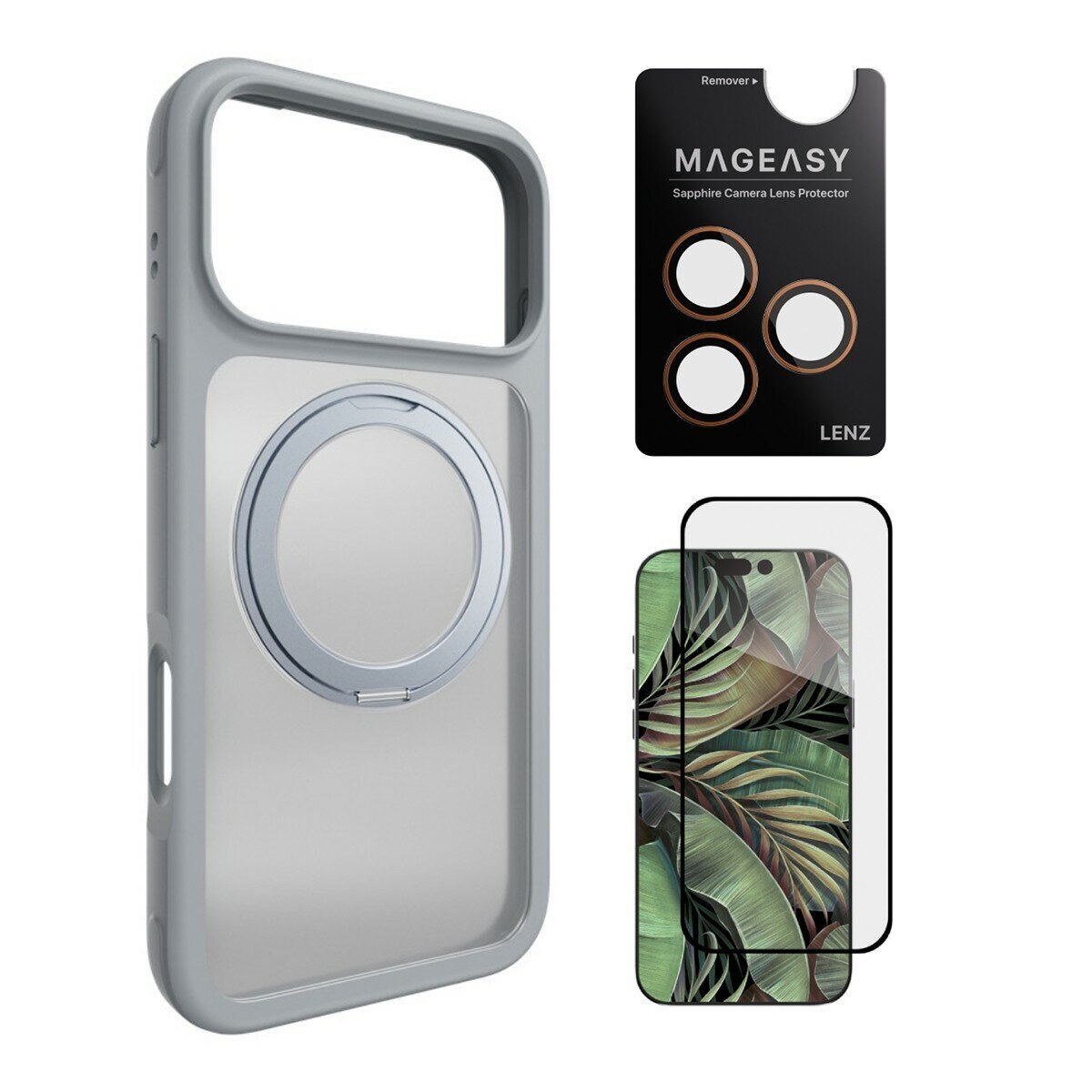 MAGEASY MagStand 360 M Magnetic Swivel Stand Drop Proof Case untuk iPhone 17 Pro Max (Misty) + Pelindung Lensa Lenz (Coral) + Pelindung Kaca Tempered Vetro 9H