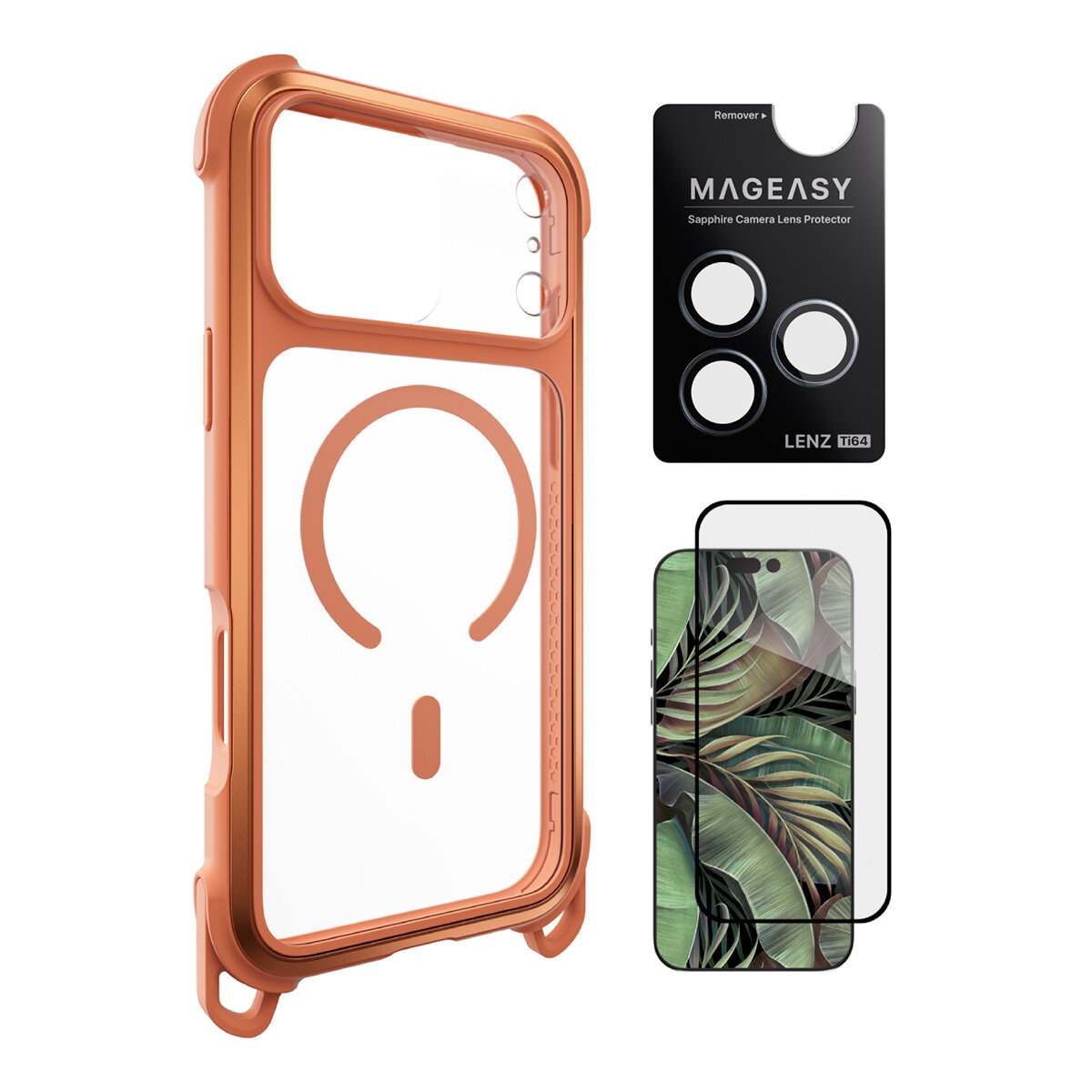 MAGEASY Odyssey Strap M Pelindung Ponsel Magnetik Rotasi Anti Jatuh iPhone 17 Pro Max (Coral/Orange) + Perlindungan Lensa Lenz Titanium (Misty Titanium) + Vetro 9H Kaca Pelindung