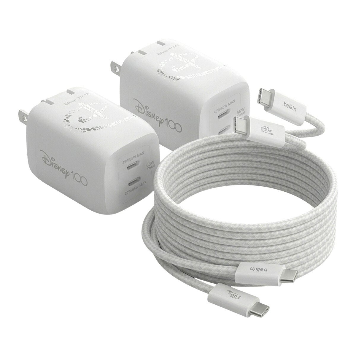 Belkin BoostCharge USB-C to USB-C 編織連接線 (60W 1.5米) 2入組 白 + Belkin BoostCharge Pro 雙USB-C 氮化鎵 充電器 (65W PPS) 2入組 迪士尼系列
