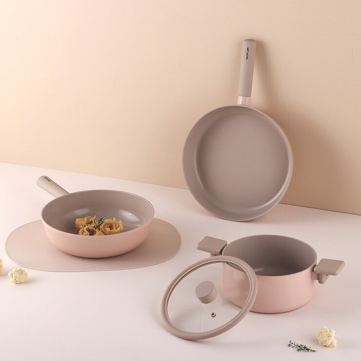 Neoflam 陶瓷不沾塗層鍋具 含玻璃上蓋 4件組 粉