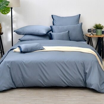 La Belle 雙人 300織天絲棉素色 被套床包四件組拼接款 藍