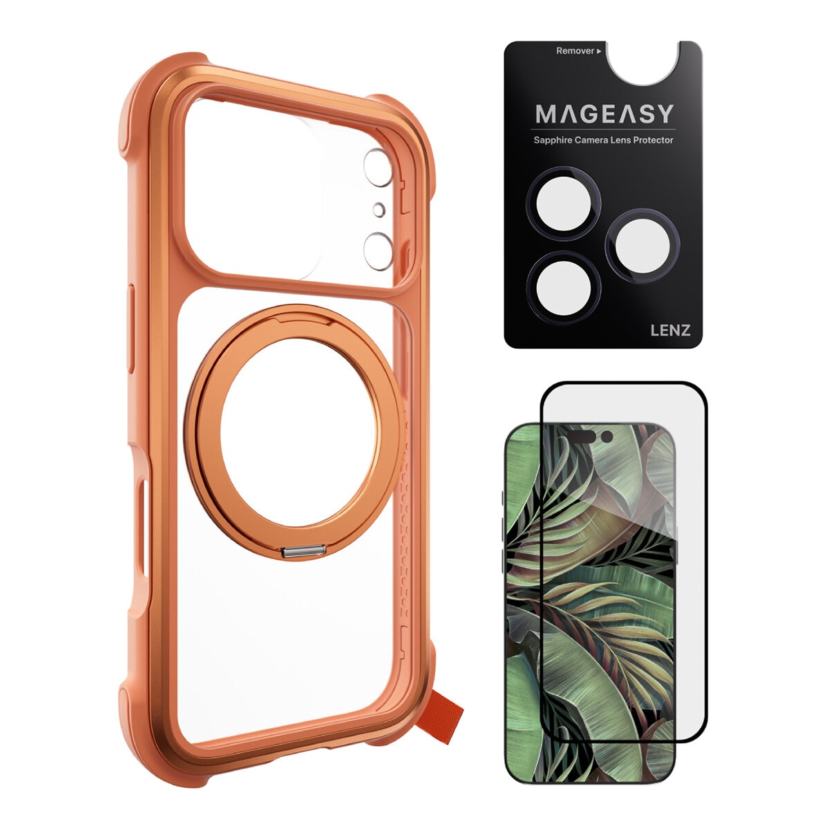 MAGEASY Odyssey Stand M 超軍規防摔磁吸支架手機殼 iPhone 17 Pro(珊瑚) + 鏡頭保護貼Lenz(午夜) + Vetro 9H 鋼化玻璃保護膜