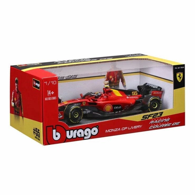 Bburago 1:18 賽車模型 Ferrari SF-23 (#55 Carlos Sainz , 含頭盔) 義大利大獎賽蒙扎塗裝版 消光紅 / 14歲以上 Bburago 1:18 賽車模型 Ferrari SF-23 (#55 Carlos Sainz , 含頭盔) 義大利大獎賽蒙扎塗裝版 消光紅 / 14歲以上