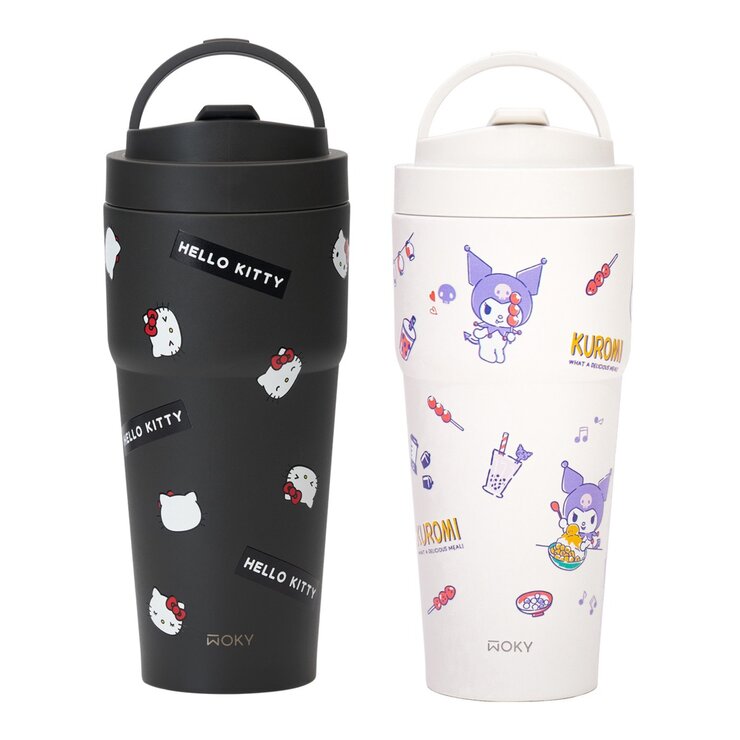 WOKY 沃廚 X 三麗鷗 渾圓杯鈦陶瓷保冷保溫杯 770毫升 X 2件組 Hello Kitty 經典黑 + 酷洛米 探索台灣味