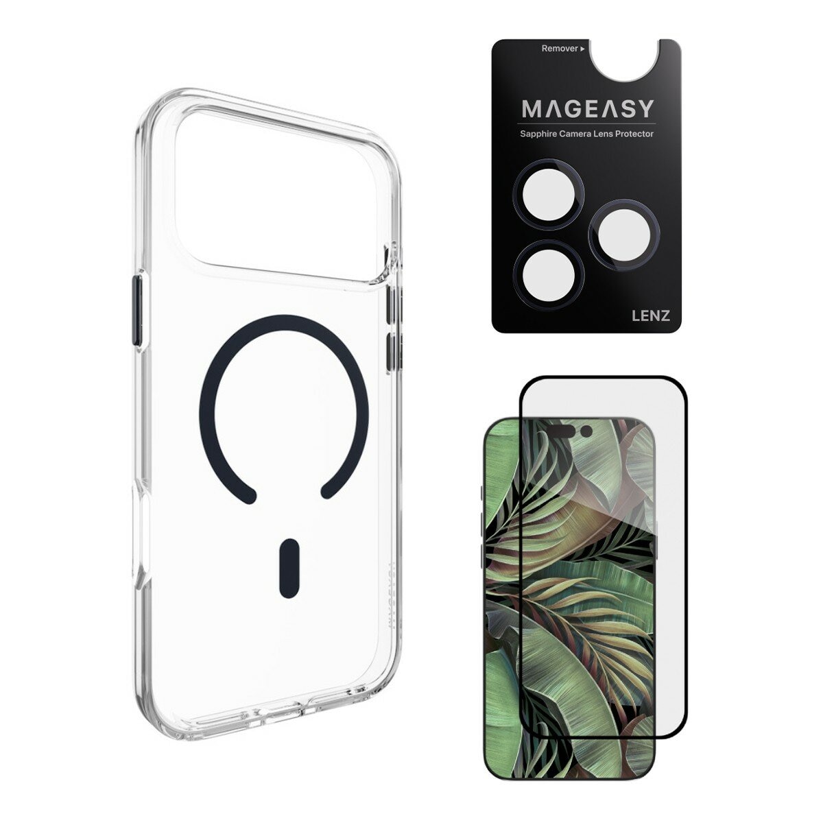 MAGEASY Bright M 不發黃軍規磁吸透明殼 iPhone 17 Pro Max(午夜磁圈) + 鏡頭保護貼Lenz(午夜) + Vetro 9H 鋼化玻璃保護膜