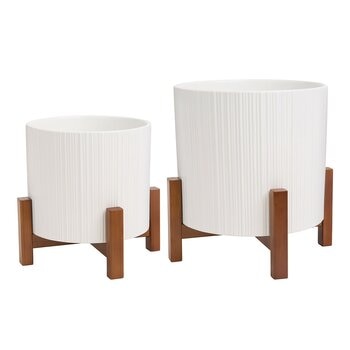 陶瓷花盆 2件組 附竹製盆架