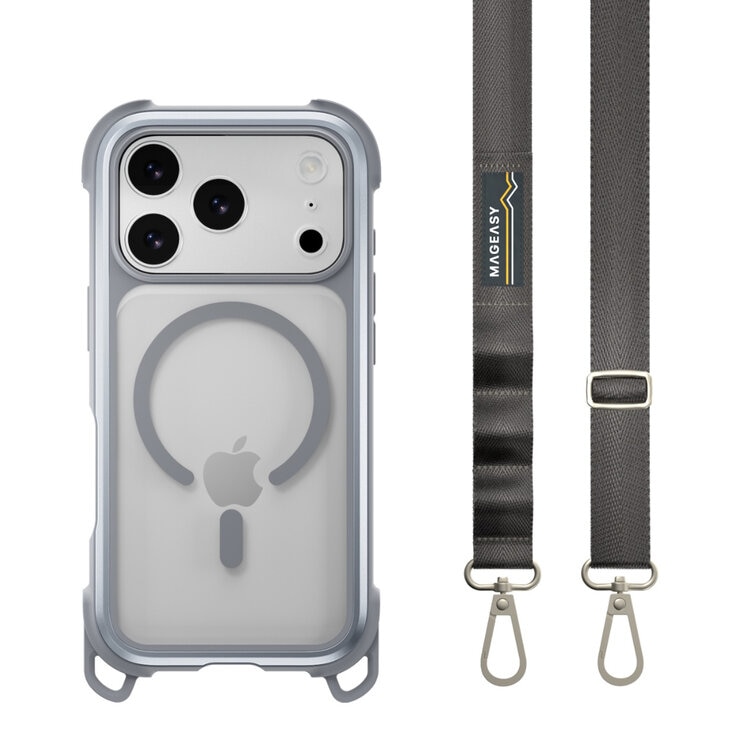 MAGEASY Odyssey Strap M 超軍規防摔掛繩手機殼 iPhone 17 Pro(迷霧/高冷灰) + 鏡頭保護貼Lenz 鈦合金(午夜鈦) + Vetro 9H 鋼化玻璃保護膜