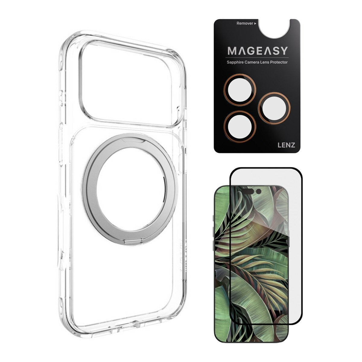 MAGEASY MagStand 360 M Case dengan Magnetic Mount dan Lanyard untuk iPhone 17 Pro (Transparent) + Lensa Protector Lenz Coral + Vetro 9H Tempered Glass Screen Protector