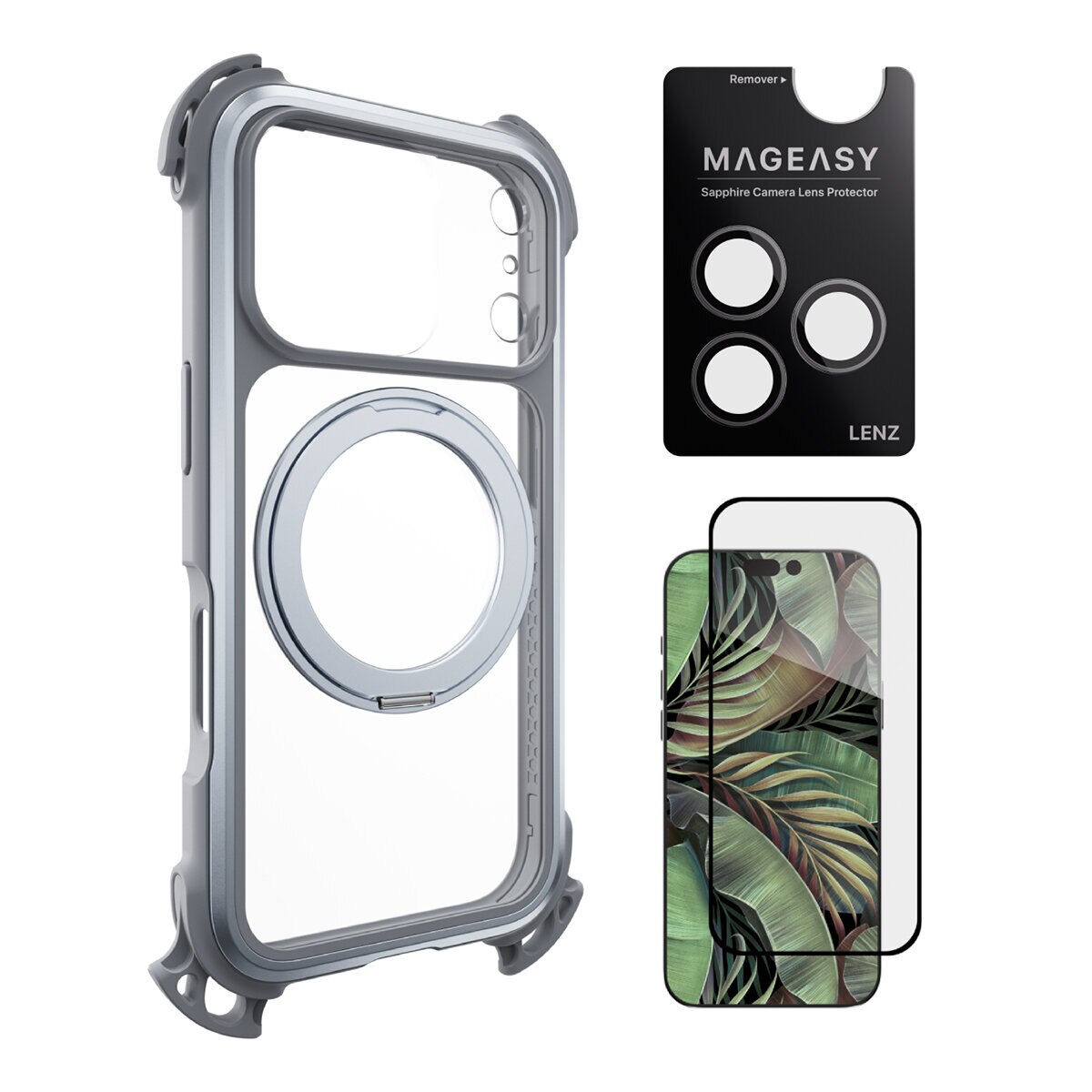 MAGEASY Odyssey Ultra M Ultimate Drop Protection Magnetic Stand Lanyard Case untuk iPhone 17 Pro (Misty / Rock Grey) + Pelindung Lensa Lenz (Misty) + Pelindung Kaca Tempered Vetro 9H