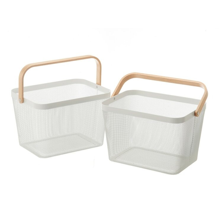 鐵網置物收納籃 木頭手把 2件組 白