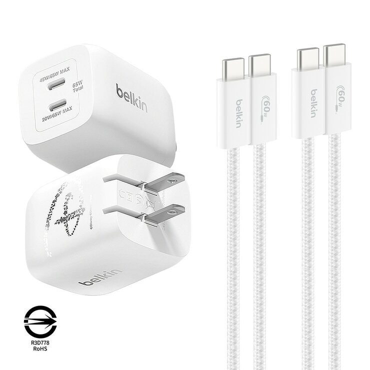 Belkin BoostCharge USB-C to USB-C 編織連接線 (60W 1.5米) 2入組 白 + Belkin BoostCharge Pro 雙USB-C 氮化鎵 充電器 (65W PPS) 2入組 迪士尼系列