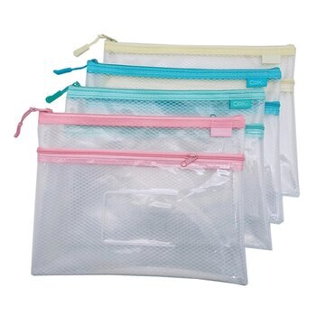 Cox三燕 EVA A5環保雙層網格+透明收納拉鍊袋(附名片袋)12入 藍+黃+綠+粉紅