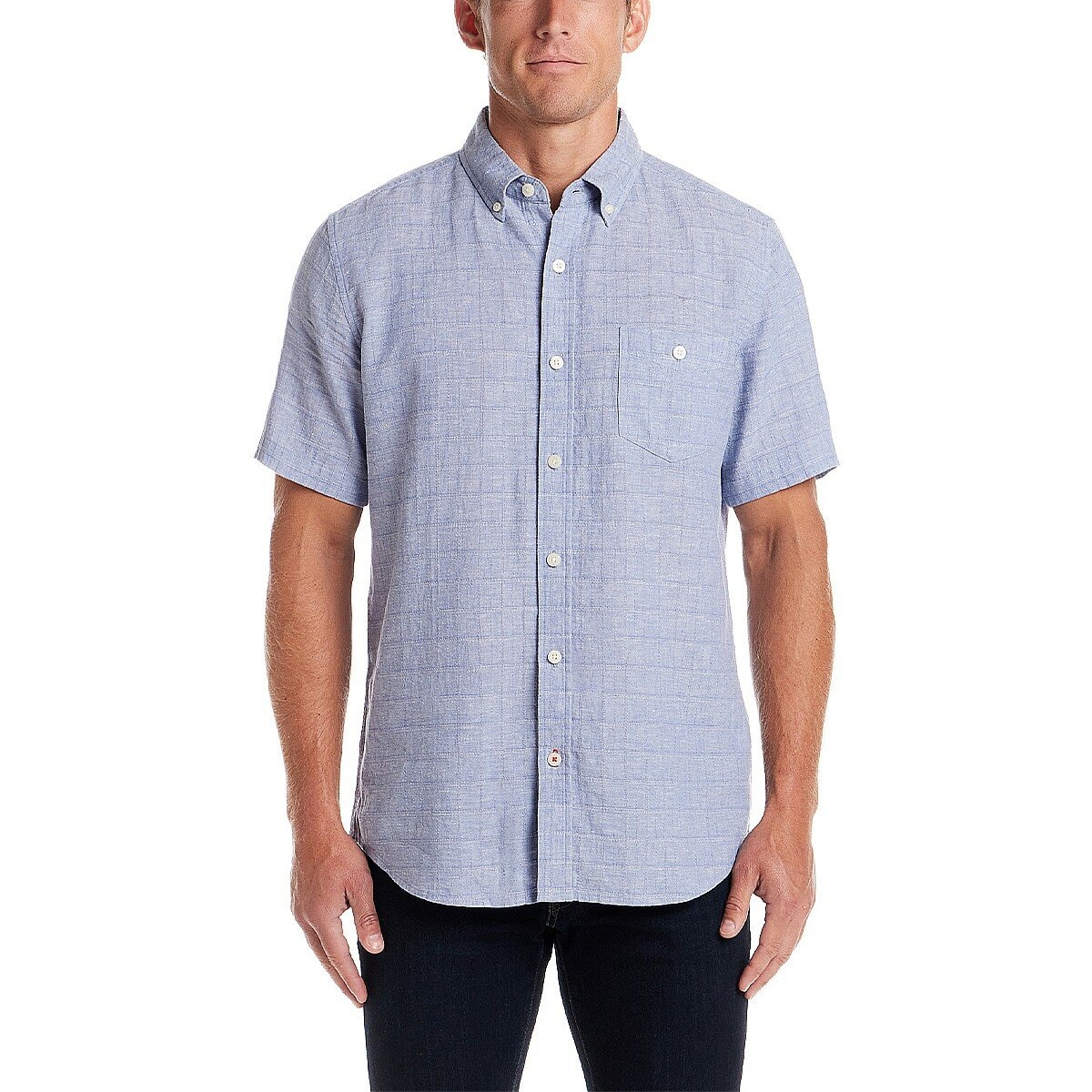 Weatherproof Vintage 男短袖亞麻混紡襯衫 淺藍