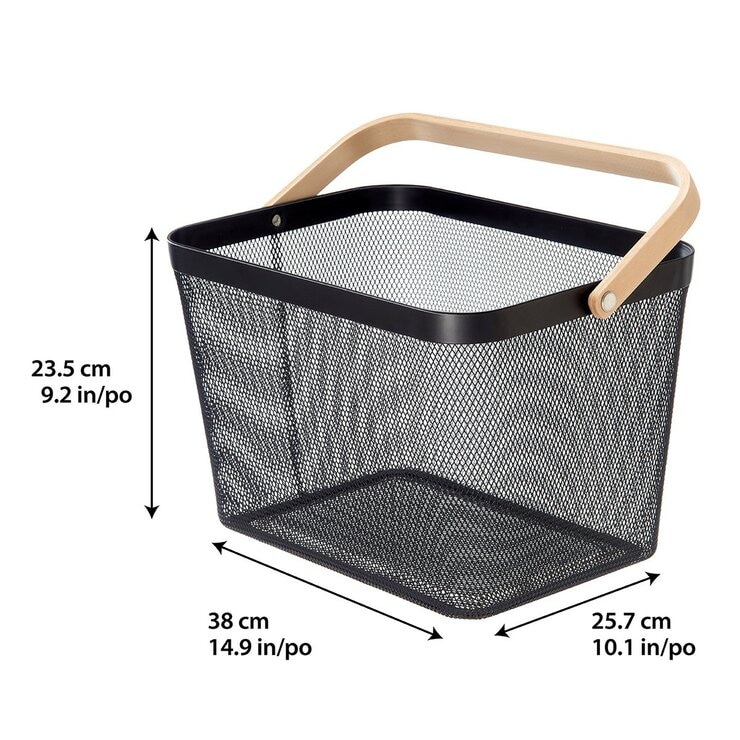 鐵網置物收納籃 木頭手把 2件組 黑