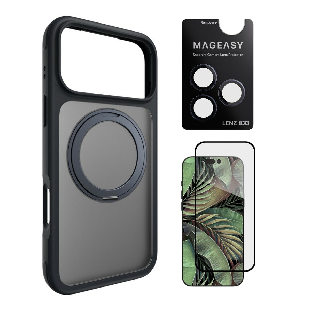 MAGEASY MagStand 360 M Magnetic Swivel Stand Drop Proof Case untuk iPhone 17 Pro Max (Midnight) + Pelindung Lensa Lenz Titanium (Midnight Titanium) + Pelindung Kaca Tempered Vetro 9H