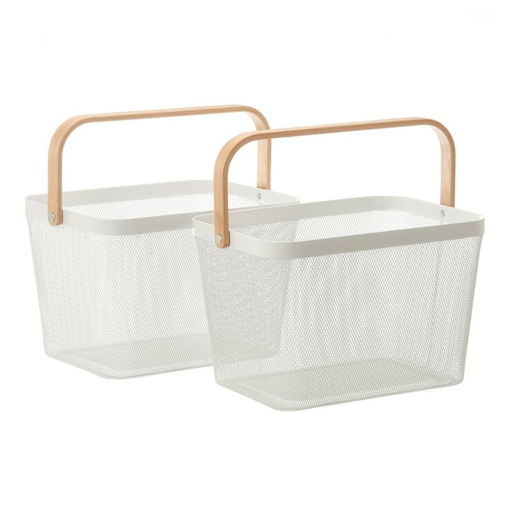 鐵網置物收納籃 木頭手把 2件組