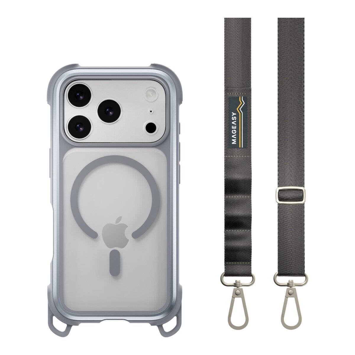 MAGEASY Odyssey Strap M 超軍規防摔掛繩手機殼 iPhone 17 Pro(迷霧/高冷灰) + 鏡頭保護貼Lenz 鈦合金(迷霧鈦) + Vetro 9H 鋼化玻璃保護膜