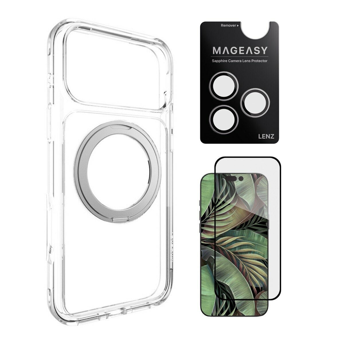 Hộp bảo vệ điện thoại iPhone 17 Pro Max MAGEASY MagStand 360 M + Dán kính trước Lenz (Trắng) + Phim bảo vệ Vetro 9H